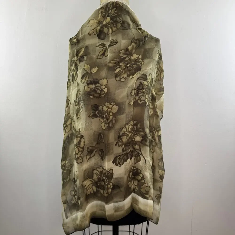VTG Yves Saint Laurent Brown Beige Square Scarf Floral Check Neutral VINTAGE